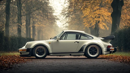Classic white sports car parked on misty autumn road.