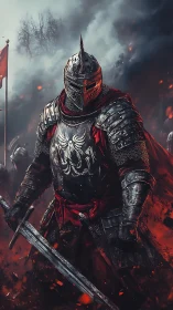Armored knight amid embers on storm-dark battlefield panorama.