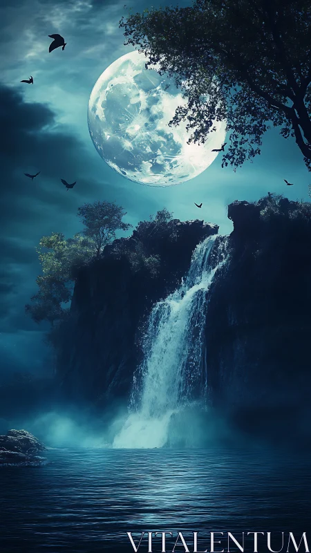 Moonlit waterfall under large glowing full moon at night.