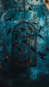 Midnight songbirds orbit a rusted cage of fading freedom.