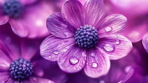 Purple flowers with water droplets in soft focus field