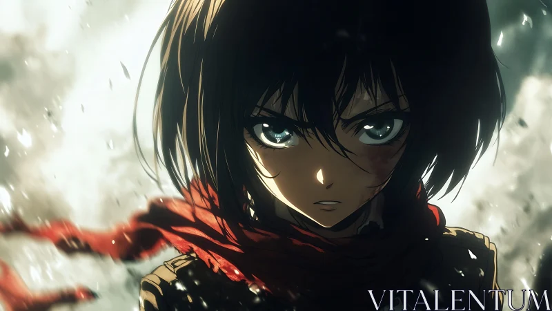 Anime warrior portrait with red scarf in smoky backdrop.