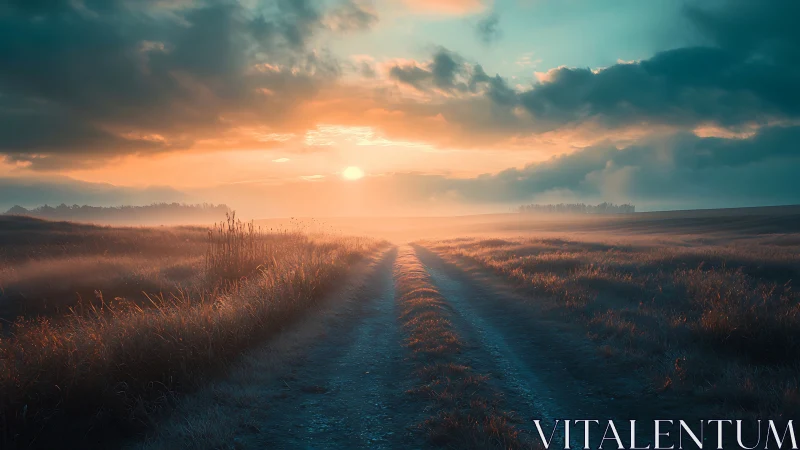 Country dirt road cuts misty fields under glowing sunrise