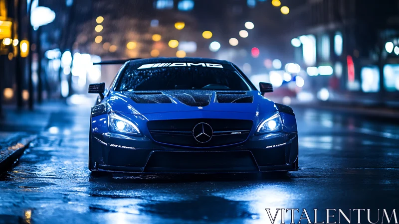 Wet asphalt night test: high-performance AMG coupe under rain.