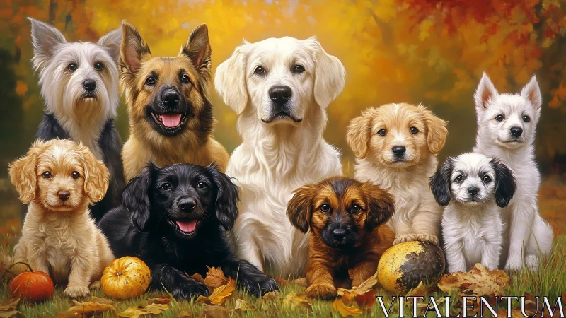 Joyful group of autumn dogs poses together in warm sunshine