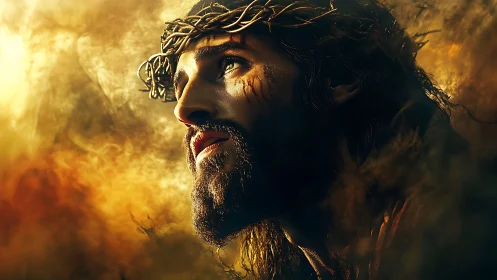 Sorrowful crowned figure gazes upward through burning light