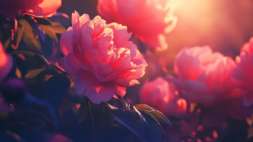 Pink Peonies in Warm Golden Sunset Light