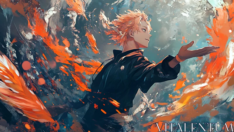 Fiery anime hero commands swirling elemental flames with poise.