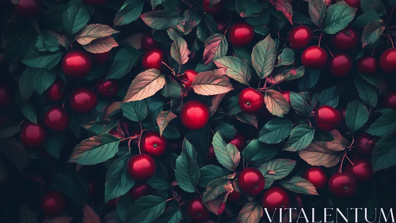 Ripe red apples cluster tightly within deep green foliage