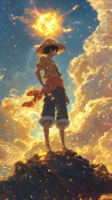 Straw-hatted hero silhouetted on cliff under blazing sky.