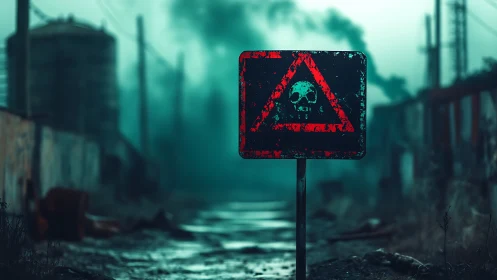 Warning sign in eerie industrial fog, quiet toxic roadway.