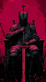 Thronebound crimson knight brooding beneath the iron cross.