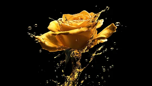 Golden liquid splash rose with petals and droplet spray, dramatic black background.