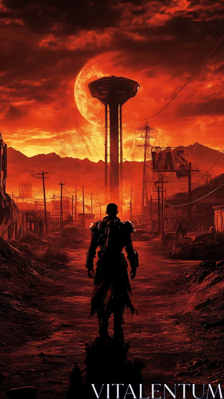 Lone wanderer meets a burning sky over quiet wasteland.