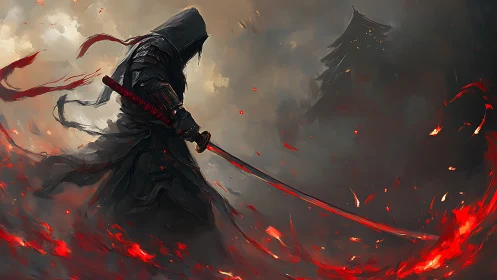 Hooded samurai wields flaming katana in smoky battlefield.