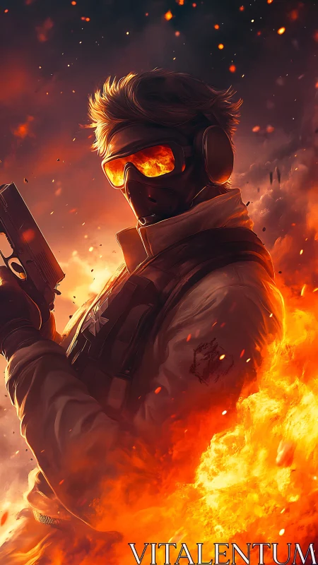 Armed tactical fighter stands in flames and flying embers.