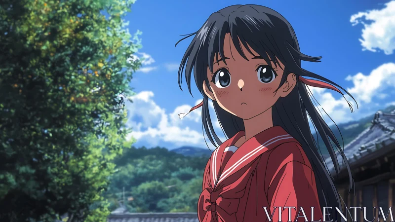 Anime schoolgirl in red uniform under high dynamic sky.