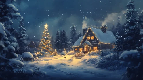 Snow-laden cabin with warm window luminance and dense fairy lights