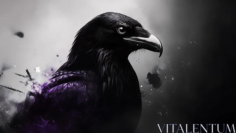 Midnight raven emerging from violet inked shadows.