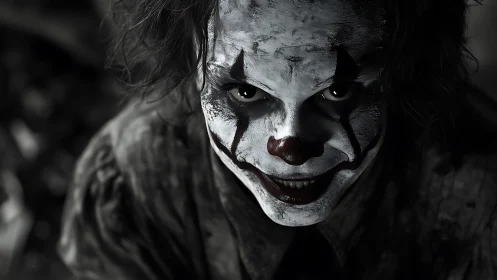 Moonlit sinister clown grinning from the shadows of dread.