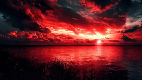 Spectral crimson sunset over lacustrine horizon with storm strata.