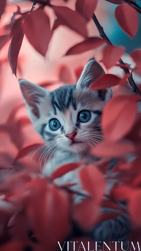 Kitten Surrounded by Crimson Foliage.
