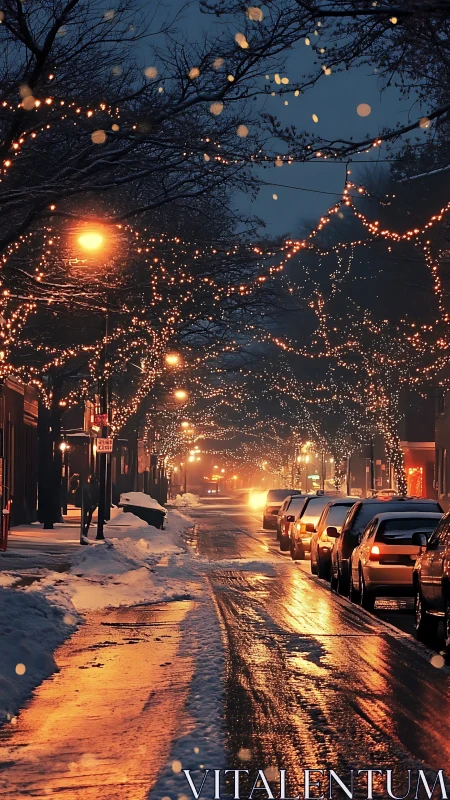 Snowlit main street draped in golden winter fairy lights.