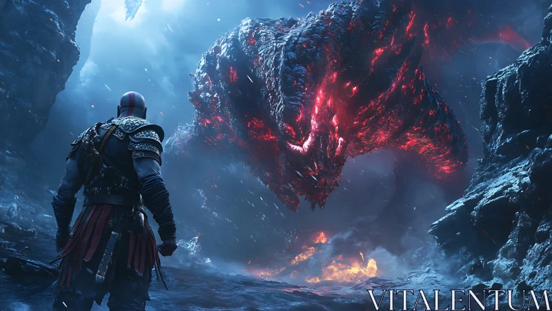 Armored warrior faces massive lava dragon in icy ravine.