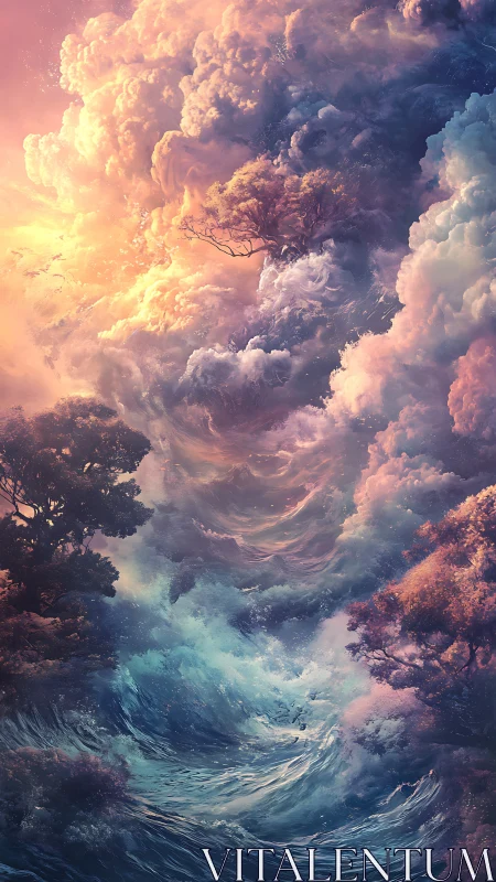 Stormlit clouds swirl above luminous dream ocean.