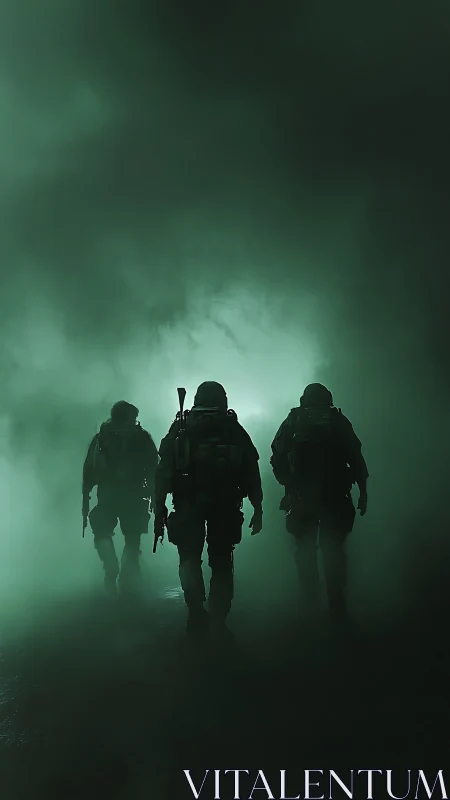 Silhouetted soldiers advance through dense emerald fog at night.