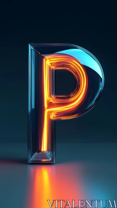 Neon glass letter P glows vividly in a dark studio space