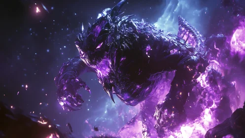 Starlit void beast rising through glowing violet storm.
