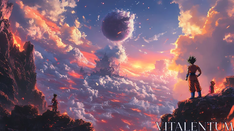 Characters observe cosmic sky above volcanic cloudscape