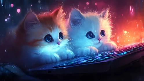 Two Adorable Glowing Kittens in a Neon Wonderland