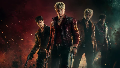 Four armed men in leather jackets in fiery scene.