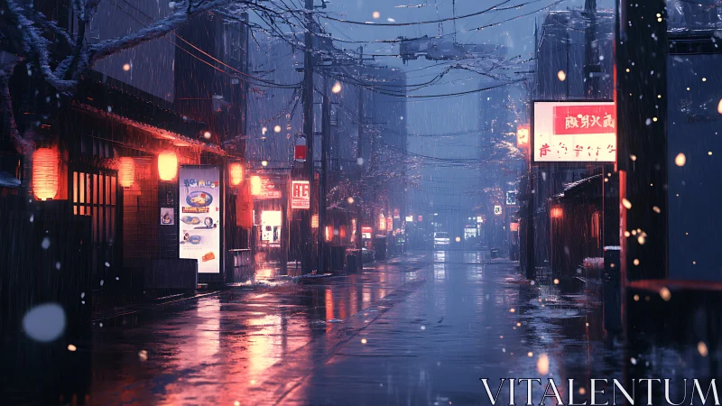 Neon-lit snowfall in cinematic urban alley perspective.