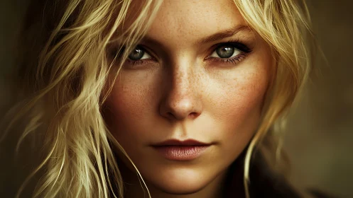 Close-cropped portrait emphasizes freckled skin, shallow depth focus