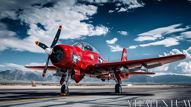 Restored red radial-engine trainer aircraft parked on sunlit runway