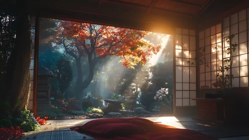 Digital painting of zen tatami room opening to autumn garden.