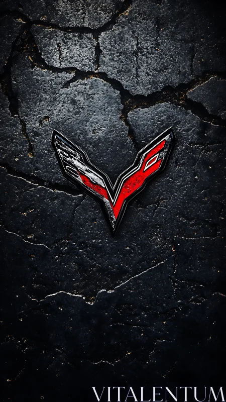 Photorealistic emblem on cracked asphalt with high contrast lighting.