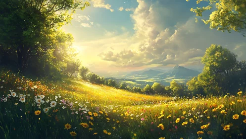 Sunlit wildflower meadow slopes toward distant hazy mountains