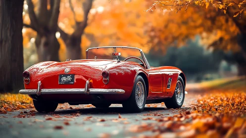 Red classic convertible is parked on a leaf-covered roadway