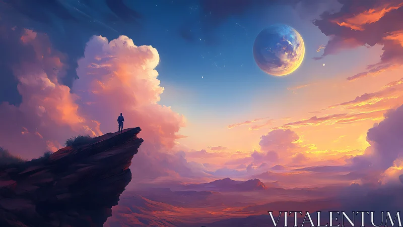 Solitary figure on cliff beneath large distant planet.