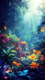 Rain-kissed jungle blooms glowing in dreamy twilight.