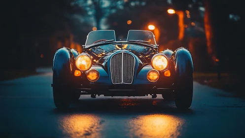 Vintage roadster glows under moody dusk streetlights.