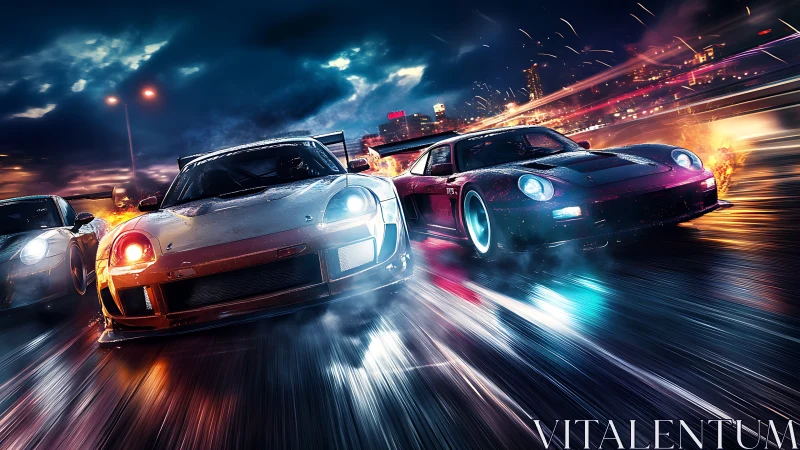 Night racing duel with tuned sports cars on wet highway