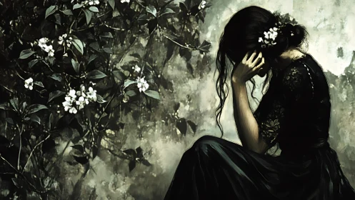 Flowers lean inward while a grieving figure folds into dusk