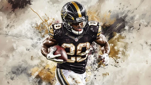 Football running back sprints forward through abstract splashes