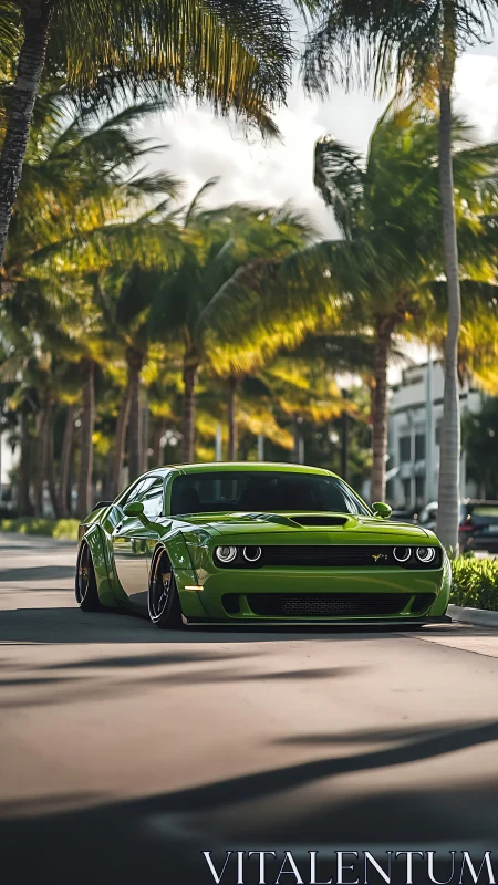 Lime green muscle car cruises under sunlit palm trees.