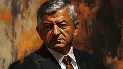 Stoic elder statesman portrait in textured oil strokes.
